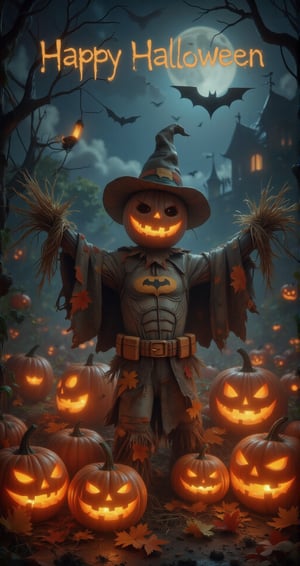 2D, Kids Illustration of Postcard with text "Happy Halloween", featuring the Batman pretends to be a scarecrow in the middle of a pumpkin field, some are jacks-o'-lantern with scary smile, a sky filled with dramatic clouds, capturing both the eerie and festive atmosphere of Halloween,