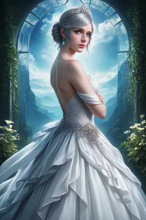 Luna Freya from "Final Fantasy XV," standing gracefully in a poised position, (wearing her elegant white gown with intricate details and flowing fabrics), (long, silver hair cascading down her back, adorned with a delicate crown), (gentle blue eyes radiating compassion and strength), (a serene backdrop featuring a moonlit landscape with soft glows and ethereal elements), (hyper-anime realistic details capturing her regal presence and connection to the astral realm), (masterpiece, 8K High Resolution), (Ultra High Resolution 3840 x 2160), (Ultimate Subjective), (12K Ultra High Resolution Wallpaper 8K).