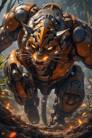 Masterpiece, (8K High Resolution), (Ultra High Resolution 3840 x 2160), (Ultimate Subjective), (12K Ultra High Resolution Wallpaper 8k). A dynamic depiction of a Bengal tiger transformer in mid-transformation, showcasing its majestic form blending seamlessly between organic and robotic elements. The tiger's sleek, metallic body is adorned with striking orange and black patterns that mimic its natural fur, while its eyes glow with a fierce, intelligent light. The background features a lush jungle landscape, vibrant with alien flora and glowing plants. As the transformer prepares to spring into action, sparks and energy bursts illuminate the scene, capturing the raw power and agility of this unique hybrid character. The overall composition emphasizes the beauty and strength of the tiger, reimagined as a formidable machine ready for battle.
