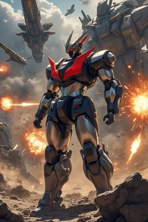 Masterpiece, (8K High Resolution), (Ultra High Resolution 3840 x 2160), (Ultimate Subjective), (12K Ultra High Resolution Wallpaper 8k). A dynamic depiction of Mazinger Z standing tall amidst a dramatic battlefield, its metallic frame gleaming under the bright sun. The iconic robot is posed in a powerful stance, ready to engage in combat against a monstrous mechanical foe in the background. The landscape is a mix of rocky terrain and urban ruins, showcasing the aftermath of intense battles. Explosions light up the scene as energy blasts and missiles soar through the air, creating a sense of urgency and action. The sky is filled with smoke and the silhouettes of smaller fighter jets, emphasizing the epic scale of this confrontation between good and evil.