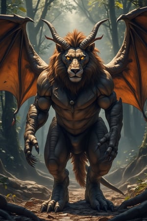 Masterpiece, (8K High Resolution), (Ultra High Resolution 3840 x 2160), (Ultimate Subjective), (12K Ultra High Resolution Wallpaper 8k). A fantastical creature that combines the majestic features of a lion with terrifying attributes. This hybrid being has a regal lion's head adorned with imposing demon horns, its eyes glowing with an otherworldly light. Its powerful body is supported by massive dinosaur-like legs, equipped with sharp, fearsome claws. Enormous, bat-like wings extend from its back, casting an intimidating shadow over the forest floor. The tail is long and adorned with shimmering, scaly textures, adding an exotic flair. The background features a dense, mystical forest, with shafts of light filtering through the foliage, creating an atmosphere of enchantment and danger. The creature stands proudly amidst the trees, embodying both beauty and menace in this captivating fantasy scene.