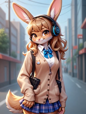 1girl, furry, solo, cardigan, animal_claws, furry_female, tan_fur, whiskers, light_brown_hair, belt, blurry_background, animal_nose, zipper, cowboy_shot, purple_cardigan, pouch, bunny_ears, body_fur, skirt, collared_cardigan, blurry, plaid_skirt, headphones, cute_expression, hazel_eyes, standing, closed_mouth, artist_name, cropped_cardigan, bangs, sparkling_eyes, open_clothes, high_collar, crossbow, long_sleeves, open_cardigan, signature, score_9, score_8_up, score_7_up, source_anime.