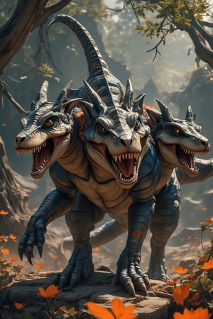 Masterpiece, (8K High Resolution), (Ultra High Resolution 3840 x 2160), (Ultimate Subjective), (12K Ultra High Resolution Wallpaper 8k). A fantastical depiction of a unique creature resembling a perro with three ferocious velociraptor heads. Each head displays sharp teeth and piercing eyes, showcasing a mix of canine loyalty and dinosaurian ferocity. The body of the perro is muscular and agile, perfectly adapted for swift movements. Its tail is long and adorned with vibrant, shimmering scales, featuring spikes along the length that add an intimidating flair. The background is a lush, mystical landscape, with ancient trees and vibrant flora, creating a striking contrast to the creature's fierce appearance. The atmosphere is filled with an aura of adventure and danger, highlighting the blend of loyalty and primal instinct in this extraordinary fantasy being.