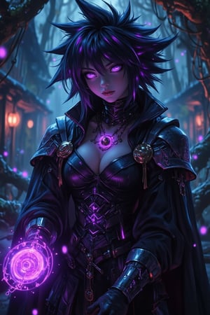 Masterpiece, (8K High Resolution), (Ultra High Resolution 3840 x 2160), (Ultimate Subjective), (12K Ultra High Resolution Wallpaper 8k). A fierce Yu-Gi-Oh! character named Mira, a warrior specializing in shadow-themed cards. She has spiky black hair with purple streaks and wears a dark, armored outfit adorned with mystical runes. Mira wields a powerful duel disk that can summon shadowy monsters with a flick of her wrist. The backdrop is a dark, enchanted forest, filled with twisting vines and glowing orbs, enhancing the mysterious and formidable aura she exudes.