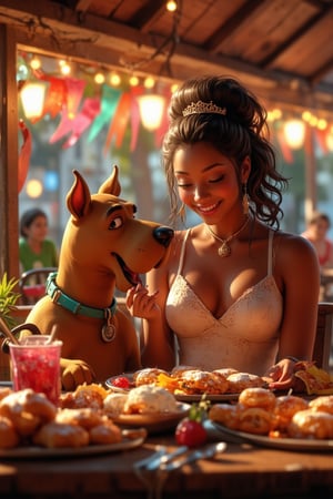 Masterpiece, (8K High Resolution), (Ultra High Resolution 3840 x 2160), (Ultimate Subjective), (12K Ultra High Resolution Wallpaper 8k). A fun hyper-anime realistic 3D illustration of Tiana from The Princess and the Frog sharing a meal with Scooby-Doo at a lively outdoor café. Tiana is laughing, holding a plate of beignets, while Scooby-Doo eagerly reaches for a snack with a playful sparkle in his eyes. The scene is filled with colorful decorations and the warm glow of sunset, creating a cozy and inviting atmosphere.