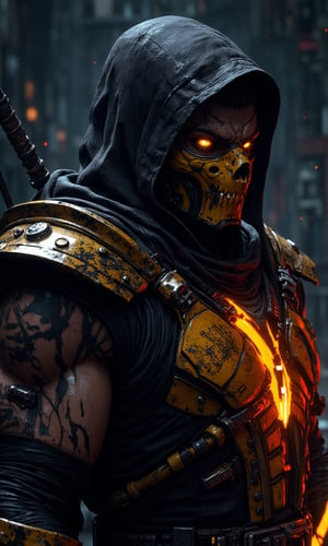 Scorpion from Mortal Kombat, solo, 1boy, weapon, male_focus, armor, glowing_eyes, glowing, hood, helmet, holding, sword, shoulder_armor, holding_weapon, gauntlets, upper_body, hood_up, pauldrons, yellow_eyes (8K High Resolution), (Ultra High Resolution 3840 x 2160), (Ultimate Subjective), (12K Ultra High Resolution Wallpaper 8k)