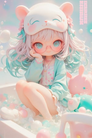 3D figure,Cute anime-style chibi figure, a girl with long flowing colorful Candy hair, Big expressive blue eyes behind pink round glasses. Wearing a white polka dot dress with pink and blue dots, pink trim and a teal blue underskirt. Teal blue cardigan sweater, white and pink animal shaped eye mask on head with eyes closed, small bone decoration and blue ribbon. Pink ribbon in hair,Pink cherry shaped pendant necklace. White rabbit shaped slippers,Posed with one hand raised close to face. Bright expression, figure is immersed in a miniature bathtub full of bubbles,sit down,
Very well-made plastic figure on a clear stand. Soft pastel color palette. Professional product photography lighting and setup. ,lyh,dal,create figure 2,