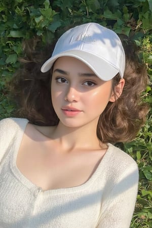 From a bird's-eye view, capture a tight close-up of a radiant young woman bathed in the warm glow of a spotlight. She wears a pristine white outfit and matching cap, with her tousled hair whipping gently in the morning breeze as she reclines on lush green grass.