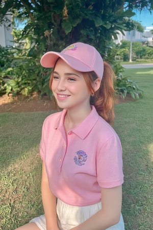 Upward gaze captures the radiant smile of a young woman with fiery red locks tied in a ponytail, her bright pink cap and polo shirt matching the vibrant hues of her surroundings. Framed by lush greenery beneath a majestic tree, she sits comfortably on the sun-kissed grass, her white skirt fluttering gently. Sunlight casts dappled shadows across her face, illuminating her joyous expression as she basks in the warmth of the golden field.