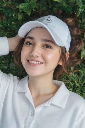 A bird's-eye view captures the serene scene: a radiant young woman, her face aglow with joy, lies upon the lush green grass. A concentrated spotlight illuminates her features, highlighting the gleam in her eye and the soft smile playing on her lips. Her crisp white attire and matching cap provide a striking contrast against the vibrant foliage. Her windswept locks flow freely, as if carried by an invisible breeze, adding to the sense of carefree bliss.