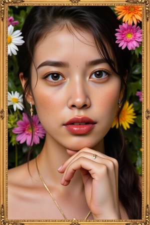 Delicately framed within a ornate golden border, a stunning individual sits poised against a lush backdrop of vibrant flowers. Soft, diffused lighting highlights the intricate texture of their skin, showcasing every freckle and pore with ultra-realistic detail. The subject's gentle gaze meets the viewer's, as they're surrounded by a kaleidoscope of blooming petals in various shapes and colors.