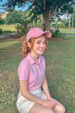 A joyful young woman with fiery red hair, tied in a ponytail, beams with happiness as she sits on lush green grass beneath a towering tree, its branches stretching out like nature's umbrella. A pink cap and polo shirt complement her radiant smile, while a white skirt flows gently in the breeze. The golden field stretches out behind her, bathed in warm sunlight that casts playful shadows across her face.