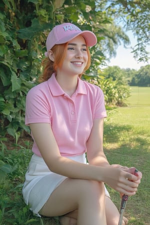 A joyful young woman with fiery red locks, tied up in a ponytail, beams from beneath a pink cap as she sits amidst lush green grass, shaded by the sprawling canopy of a tree. Her bright pink polo shirt and white skirt gleam in harmony, as she grips a golf club at the edge of a sun-kissed gold field. Sunlight filters through the leaves above, casting dappled shadows across her face, accentuating the warmth and serenity of this idyllic scene.