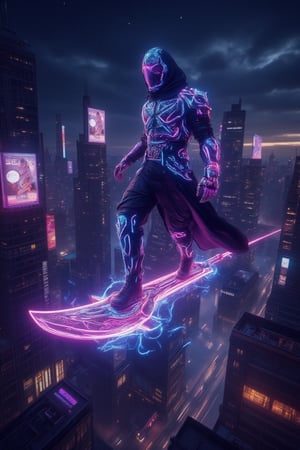 A warrior with a glowing neon wireframe flying crystal sword rides through a futuristic cityscape at midnight. The scene is captured from a low-angle shot, highlighting the luminescent patterns on the sword. Neon lights create vibrant reflections on the warrior's armor, with light trails emphasizing the speed of flight. The background features towering skyscrapers and holographic billboards, all blurred to accentuate the warrior's movement. The starry night sky enhances the overall cyberpunk atmosphere.,Neonwireframe,ridingsword,Crystal Sword