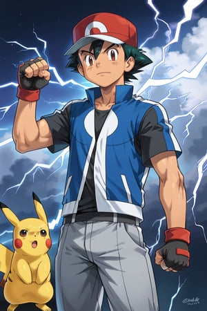 1boy, 1solo, ash ketchum, black hair, brown eyes, hair between eyes, baseball_cap, open blue jacket, black shirt, grey short sleeves, fingerless gloves, grey male pants, handsome boy, macho, good looking boy, muscular boy, sexy poses, standing, hand_on_waist, effect thunderelectric aura, wearing electricity, lots of lightning effects throughout, looking at viewer, wallpaper, pikachu on his shoulder, raise fist, hand_in_pocket, badass look