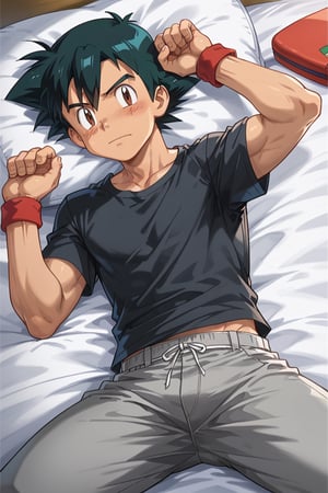 1boy, 1solo, ash ketchum, black hair, brown eyes, hair between eyes, black shirt, grey short sleeves, grey male pants, handsome boy, macho, good looking boy, muscular boy, sexy poses, blushing, looking_at_viewer, laying_in_bed