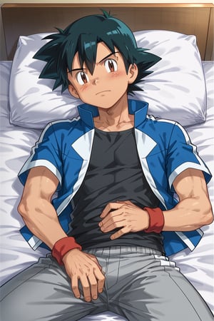 1boy, 1solo, ash ketchum, black hair, brown eyes, hair between eyes, open blue jacket, black shirt, grey short sleeves, grey male pants, handsome boy, macho, good looking boy, muscular boy, sexy poses, blushing, looking_at_viewer, laying_in_bed