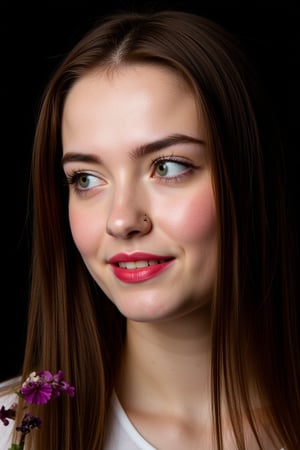  woman 25 years old, long straight hair, thick hair, detailed face, long eyelashes, detailed eyes, red cheeks, glossy skin, elegant woman, healthy skin tone, pretty and beauty woman face marks, (insane beauty woman marks:1.3), pale snow white skin tone, hair, blue green eyes, rossy cheeks, naturally red lips, light reflecting hair, (naturally snow white skin:1.3), (naturally red cheeks:1.3), 
looking aside, 
black dark background, colorful flowers around, 
detailed, quality, professional camera photo, spotlight, photo session, dramatic lighting on face, 
face close-up, 