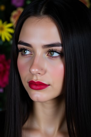  woman 25 years old, long straight hair, thick hair, detailed face, long eyelashes, detailed eyes, red cheeks, glossy skin, elegant woman, healthy skin tone, pretty and beauty woman face marks, (insane beauty woman marks:1.3), pale snow white skin tone, black hair, blue green eyes, rossy cheeks, naturally red lips, light reflecting hair, (naturally snow white skin:1.3), (naturally red cheeks:1.3), 
looking aside, 
dark background, colorful flowers around, 
detailed, quality, professional camera photo, spotlight, photo session, dramatic lighting on face, 
face close-up, 