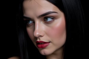  woman 25 years old, long straight hair, thick hair, detailed face, long eyelashes, detailed eyes, red cheeks, glossy skin, elegant woman, healthy skin tone, pretty and beauty woman face marks, (insane beauty woman marks:1.3), pale snow white skin tone, black hair, blue green eyes, rossy cheeks, naturally red lips, 
looking aside, light reflecting hair, (naturally pale white skin:1.3), 
dark background, 
detailed, quality, professional camera photo, spotlight, photo session, dramatic lighting on face, 
face close-up, 