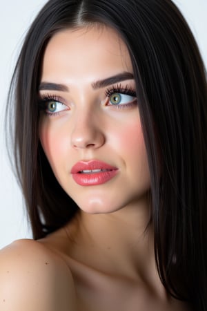  woman 25 years old, long straight hair, thick hair, detailed face, long eyelashes, detailed eyes, red cheeks, glossy skin, elegant woman, healthy skin tone, pretty and beauty woman face marks, (insane beauty woman marks:1.3), pale snow white skin tone, black hair, blue green eyes, rossy cheeks, naturally red lips, 
looking aside, light reflecting hair, (naturally snow white skin:1.3), (naturally red cheeks:1.3) 
white background, 
detailed, quality, professional camera photo, spotlight, photo session, dramatic lighting on face, 
face close-up, 