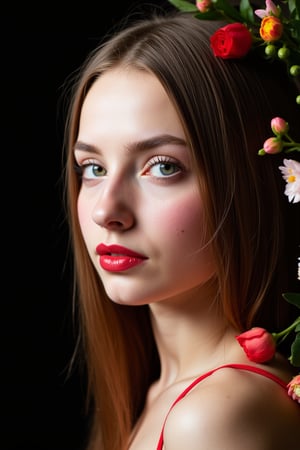  woman 25 years old, long straight hair, thick hair, detailed face, long eyelashes, detailed eyes, red cheeks, glossy skin, elegant woman, healthy skin tone, pretty and beauty woman face marks, (insane beauty woman marks:1.3), pale snow white skin tone, hair, blue green eyes, rossy cheeks, naturally red lips, light reflecting hair, (naturally snow white skin:1.3), (naturally red cheeks:1.3), 
looking aside, 
black dark background, colorful flowers around, 
detailed, quality, professional camera photo, spotlight, photo session, dramatic lighting on face, 
face close-up, 