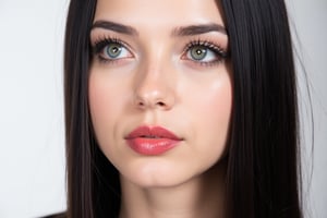  woman 25 years old, long straight hair, thick hair, detailed face, long eyelashes, detailed eyes, red cheeks, glossy skin, elegant woman, healthy skin tone, pretty and beauty woman face marks, (insane beauty woman marks:1.3), pale snow white skin tone, black hair, blue green eyes, rossy cheeks, naturally red lips, 
looking aside, light reflecting hair, (naturally pale white skin:1.3), 
white background, 
detailed, quality, professional camera photo, spotlight, photo session, dramatic lighting on face, 
face close-up, 