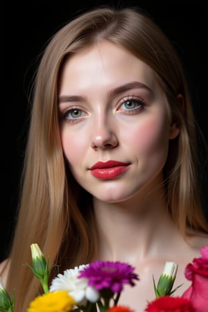  woman 25 years old, long straight hair, thick hair, detailed face, long eyelashes, detailed eyes, red cheeks, glossy skin, elegant woman, healthy skin tone, pretty and beauty woman face marks, (insane beauty woman marks:1.3), pale snow white skin tone, hair, blue green eyes, rossy cheeks, naturally red lips, light reflecting hair, (naturally snow white skin:1.3), (naturally red cheeks:1.3), 
looking aside, 
black dark background, colorful flowers around, 
detailed, quality, professional camera photo, spotlight, photo session, dramatic lighting on face, 
face close-up, 