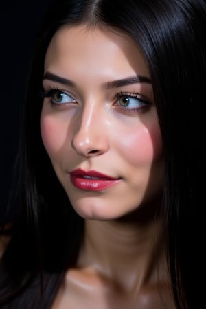  woman 25 years old, long straight hair, thick hair, detailed face, long eyelashes, detailed eyes, red cheeks, glossy skin, elegant woman, healthy skin tone, pretty and beauty woman face marks, (insane beauty woman marks:1.3), pale snow white skin tone, black hair, blue green eyes, rossy cheeks, naturally red lips, light reflecting hair, (naturally snow white skin:1.3), (naturally red cheeks:1.3), 
looking aside, 
dark background, 
detailed, quality, professional camera photo, spotlight, photo session, dramatic lighting on face, 
face close-up, 