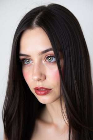  woman 25 years old, long straight hair, thick hair, detailed face, long eyelashes, detailed eyes, red cheeks, glossy skin, elegant woman, healthy skin tone, pretty and beauty woman face marks, (insane beauty woman marks:1.3), pale snow white skin tone, black hair, blue green eyes, rossy cheeks, naturally red lips, 
looking aside, light reflecting hair, (naturally snow white skin:1.3), (naturally red cheeks:1.3) 
white background, 
detailed, quality, professional camera photo, spotlight, photo session, dramatic lighting on face, 
face close-up, 