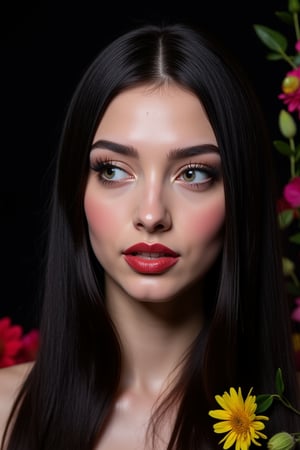  woman 25 years old, long straight hair, thick hair, detailed face, long eyelashes, detailed eyes, red cheeks, glossy skin, elegant woman, healthy skin tone, pretty and beauty woman face marks, (insane beauty woman marks:1.3), pale snow white skin tone, black hair, blue green eyes, rossy cheeks, naturally red lips, light reflecting hair, (naturally snow white skin:1.3), (naturally red cheeks:1.3), 
looking aside, 
dark background, colorful flowers around, 
detailed, quality, professional camera photo, spotlight, photo session, dramatic lighting on face, 
face close-up, 