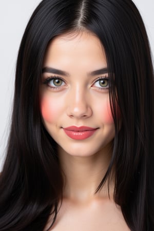  woman 25 years old, long straight hair, thick hair, detailed face, long eyelashes, detailed eyes, red cheeks, glossy skin, elegant woman, healthy skin tone, pretty and beauty woman face marks, (insane beauty woman marks:1.3), pale snow white skin tone, black hair, blue green eyes, rossy cheeks, naturally red lips, light reflecting hair, (naturally snow white skin:1.3), (naturally red cheeks:1.3), 
 
white background, 
detailed, quality, professional camera photo, spotlight, photo session, dramatic lighting on face, 
face close-up, 