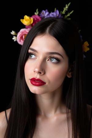  woman 25 years old, long straight hair, thick hair, detailed face, long eyelashes, detailed eyes, red cheeks, glossy skin, elegant woman, healthy skin tone, pretty and beauty woman face marks, (insane beauty woman marks:1.3), pale snow white skin tone, black hair, blue green eyes, rossy cheeks, naturally red lips, light reflecting hair, (naturally snow white skin:1.3), (naturally red cheeks:1.3), 
looking aside, 
dark background, colorful flowers around, 
detailed, quality, professional camera photo, spotlight, photo session, dramatic lighting on face, 
face close-up, 