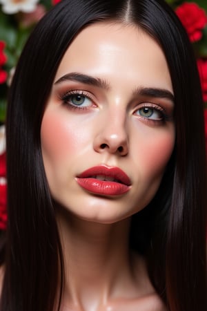  woman 25 years old, long straight hair, thick hair, detailed face, long eyelashes, detailed eyes, red cheeks, glossy skin, elegant woman, healthy skin tone, pretty and beauty woman face marks, (insane beauty woman marks:1.3), pale snow white skin tone, black hair, blue green eyes, rossy cheeks, naturally red lips, light reflecting hair, (naturally snow white skin:1.3), (naturally red cheeks:1.3), 
looking aside, 
white and green background, red flowers around, 
detailed, quality, professional camera photo, spotlight, photo session, dramatic lighting on face, 
face close-up, 