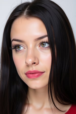  woman 25 years old, long straight hair, thick hair, detailed face, long eyelashes, detailed eyes, red cheeks, glossy skin, elegant woman, healthy skin tone, pretty and beauty woman face marks, (insane beauty woman marks:1.3), pale snow white skin tone, black hair, blue green eyes, rossy cheeks, naturally red lips, 
looking aside, light reflecting hair, (naturally snow white skin:1.3), (naturally red cheeks:1.3) 
white background, 
detailed, quality, professional camera photo, spotlight, photo session, dramatic lighting on face, 
face close-up, 