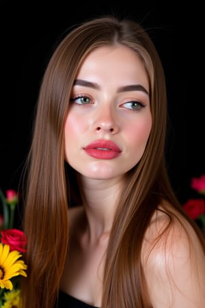  woman 25 years old, long straight hair, thick hair, detailed face, long eyelashes, detailed eyes, red cheeks, glossy skin, elegant woman, healthy skin tone, pretty and beauty woman face marks, (insane beauty woman marks:1.3), pale snow white skin tone, hair, blue green eyes, rossy cheeks, naturally red lips, light reflecting hair, (naturally snow white skin:1.3), (naturally red cheeks:1.3), 
looking aside, 
black dark background, colorful flowers around, 
detailed, quality, professional camera photo, spotlight, photo session, dramatic lighting on face, 
face close-up, 