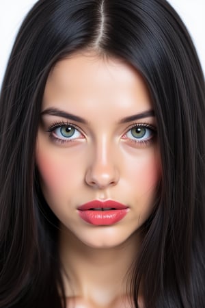  woman 25 years old, long straight hair, thick hair, detailed face, long eyelashes, detailed eyes, red cheeks, glossy skin, elegant woman, healthy skin tone, pretty and beauty woman face marks, (insane beauty woman marks:1.3), pale snow white skin tone, black hair, blue green eyes, rossy cheeks, naturally red lips, light reflecting hair, (naturally snow white skin:1.3), (naturally red cheeks:1.3), 
 
white background, 
detailed, quality, professional camera photo, spotlight, photo session, dramatic lighting on face, 
face close-up, 