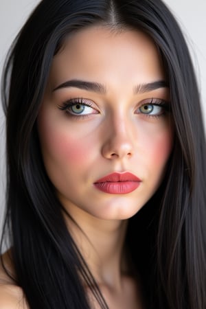  woman 25 years old, long straight hair, thick hair, detailed face, long eyelashes, detailed eyes, red cheeks, glossy skin, elegant woman, healthy skin tone, pretty and beauty woman face marks, (insane beauty woman marks:1.3), pale snow white skin tone, black hair, blue green eyes, rossy cheeks, naturally red lips, 
looking aside, light reflecting hair, (naturally snow white skin:1.3), (naturally red cheeks:1.3) 
white background, 
detailed, quality, professional camera photo, spotlight, photo session, dramatic lighting on face, 
face close-up, 