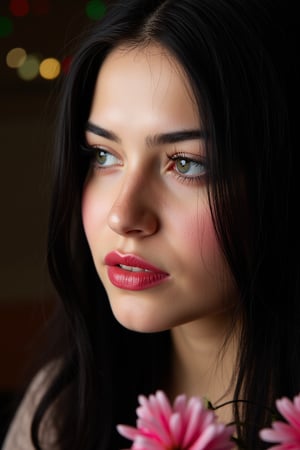  woman 25 years old, long straight hair, thick hair, detailed face, long eyelashes, detailed eyes, red cheeks, glossy skin, elegant woman, healthy skin tone, pretty and beauty woman face marks, (insane beauty woman marks:1.3), pale snow white skin tone, black hair, blue green eyes, rossy cheeks, naturally red lips, light reflecting hair, (naturally snow white skin:1.3), (naturally red cheeks:1.3), 
looking aside, 
dark background, colorful flowers around, 
detailed, quality, professional camera photo, spotlight, photo session, dramatic lighting on face, 
face close-up, 