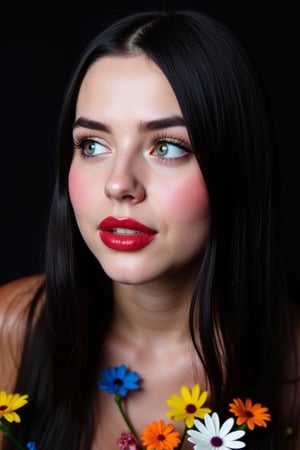  woman 25 years old, long straight hair, thick hair, detailed face, long eyelashes, detailed eyes, red cheeks, glossy skin, elegant woman, healthy skin tone, pretty and beauty woman face marks, (insane beauty woman marks:1.3), pale snow white skin tone, black hair, blue green eyes, rossy cheeks, naturally red lips, light reflecting hair, (naturally snow white skin:1.3), (naturally red cheeks:1.3), 
looking aside, 
dark background, colorful flowers around, 
detailed, quality, professional camera photo, spotlight, photo session, dramatic lighting on face, 
face close-up, 