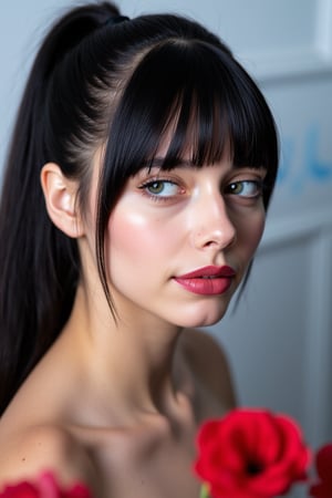  woman 25 years old, long straight hair, thick hair, detailed face, long eyelashes, detailed eyes, red cheeks, glossy skin, elegant woman, healthy skin tone, pretty and beauty woman face marks, (insane beauty woman marks:1.3), pale snow white skin tone, black hair, blue green eyes, rossy cheeks, naturally red lips, light reflecting hair, (naturally snow white skin:1.3), (naturally red cheeks:1.3), ponytail haircut, blung bangs, 
looking aside, 
white and blue background, red flowers around, 
detailed, quality, professional camera photo, spotlight, photo session, dramatic lighting on face, 
face close-up, 