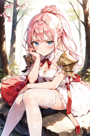 masterpiece, best quality, aesthetic, 1girl, solo, shionne, pink_hair, long_hair, braid, ponytail, blue_eyes, serious_looking, frown, contemptuous_eyes, squinting, pouty, puff up cheeks, blush, shoulder armor, pauldrons, [white|red] dress, red_ribbon, white_thighhighs, sitting on rock, one hand on face, chin rest, looking at viewer, outdoor, spring, day, forest