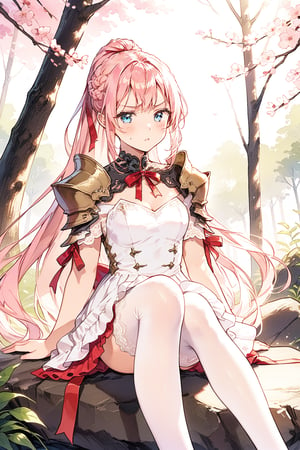 masterpiece, best quality, aesthetic, 1girl, solo, shionne, pink_hair, long_hair, braid, ponytail, blue_eyes, serious_looking, frown, contemptuous_eyes, squinting, pouty, puff up cheeks, blush, shoulder armor, pauldrons, [white|red] dress, red_ribbon, white_thighhighs, sitting on rock, chin rest, looking at viewer, outdoor, spring, day, forest