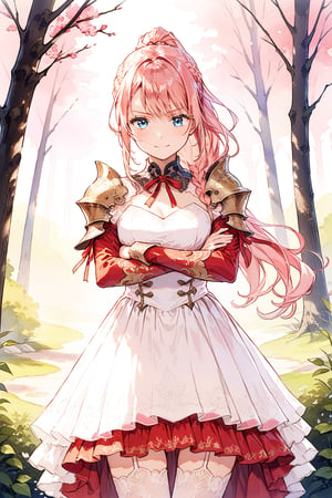 masterpiece, best quality, aesthetic, 1girl, solo, shionne, pink_hair, long_hair, braid, ponytail, blue_eyes, wry smile, frown, blush, shoulder armor, pauldrons, [white|red] dress, red_ribbon, white_thighhighs, standing, crossed arms, looking at viewer, outdoor, spring, day, forest