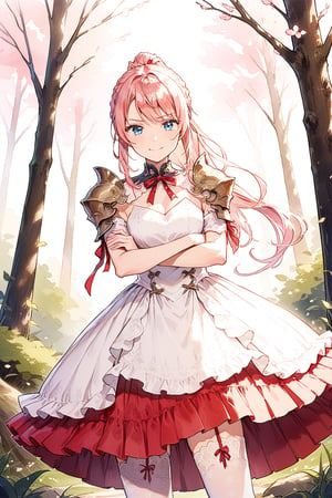 masterpiece, best quality, aesthetic, 1girl, solo, shionne, pink_hair, long_hair, braid, ponytail, blue_eyes, wry smile, smug, frown, blush, shoulder armor, pauldrons, [white|red] dress, red_ribbon, white_thighhighs, standing, crossed arms, looking at viewer, outdoor, spring, day, forest