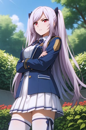 score_9, score_8_up, score_7_up, source_anime, masterpiece, best quality, high-res, detailed body, perfect anatomy, BREAK, 1girl, solo, alexia midgar, gray_hair, long_hair, twintails, hair_ribbon, red_eyes, school_uniform, shirt, ((blue_jacket)), blue_vest, pleated skirt, (white_skirt), white_thighhighs, boots, zettai ryouiki, mature face, slim body, serious_looking, frown, blush, pouty, :(, standing, crossed arms, cowboy shot, from below, side view, outdoor, day, garden