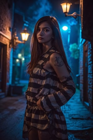 A stunning young girl, in a prison costume with intricate detailing, stands confidently on a dark street corner, street lights in back ground. The scene is illuminated by flickering light from the street lamps. Her expression playful.,Halloween