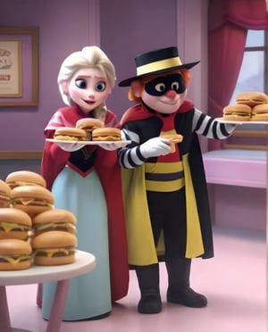 high quality, the hamburglar and princess Elsa in a Resturant stealing cheese burgers,