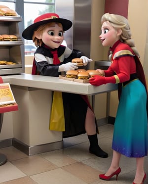 high quality, the hamburglar and princess Elsa in a Resturant stealing cheese burgers,