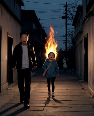 Young girl walking through a dark ally, surprised, a shape a a man on fire in the background.
FC-Face_01